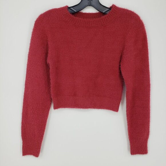 Urban Outfitters Fuzzy Cropped Sweater S Womens Crew Neck Rose Red Pink Crop - Picture 1 of 7